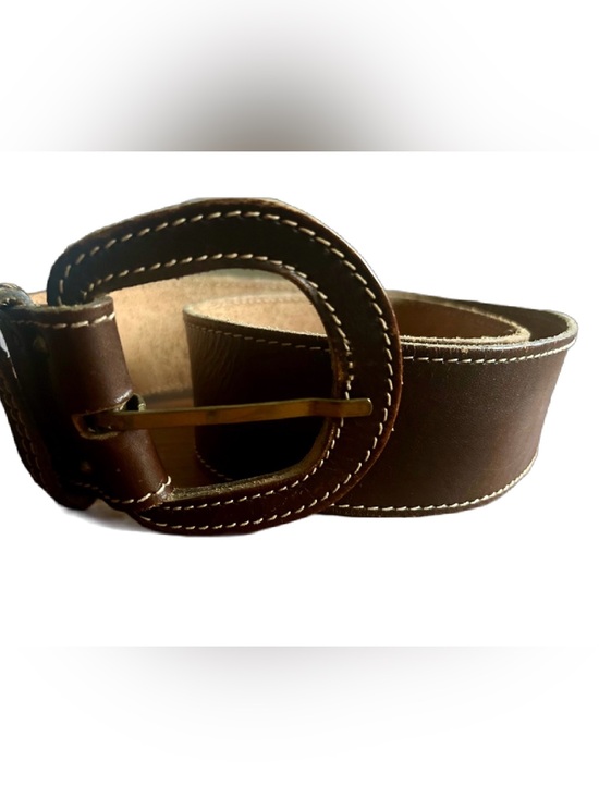 Vintage Accessories - Vintage Brown Leather Belt Made in USA Wide Contrast Stitch Statement Belt